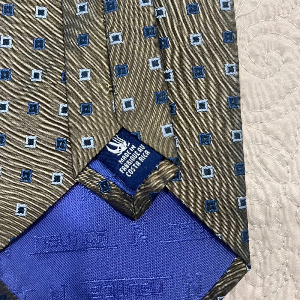 Nautica Mens Silk Tie Olive Green Blue Geometric‎ Square Pattern Classic Necktie